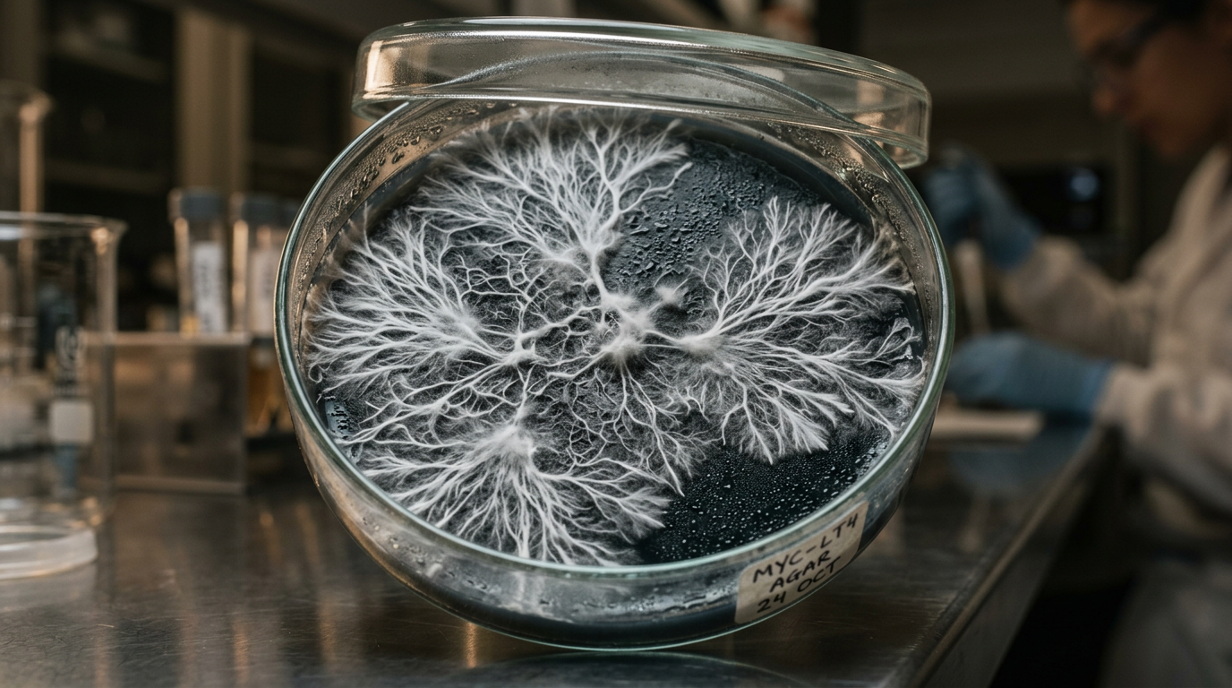 A detailed macro photograph showing delicate, thread-like white mycelium culture spreading across a dark gel surface in a laboratory petri dish.
