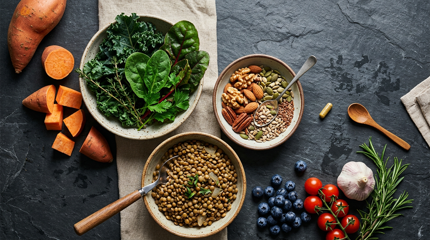 An artfully arranged flat lay of nutrient-dense plant foods like kale, lentils, and nuts, next to a single supplement pill, representing thoughtful nutrition planning.
