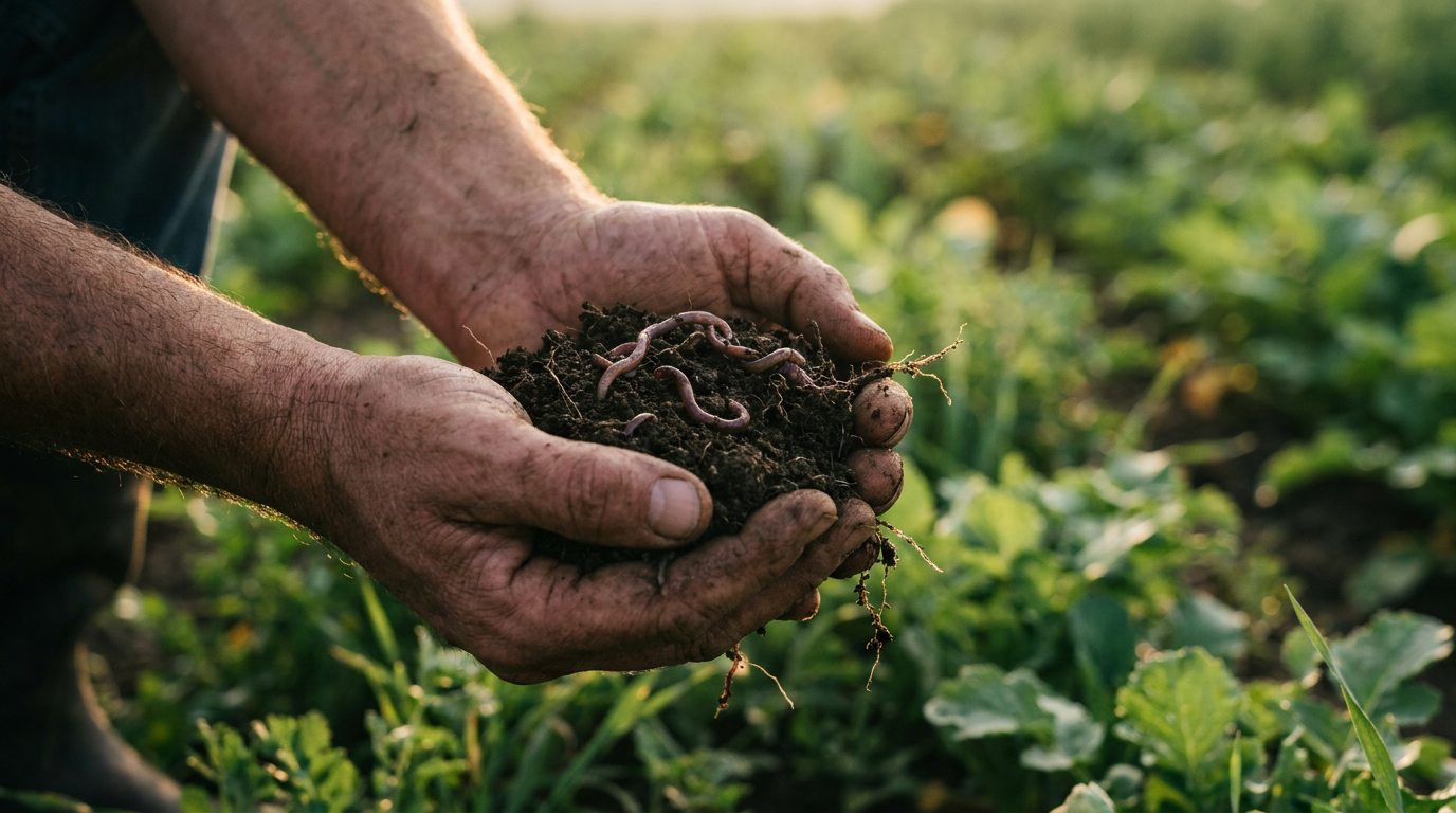 A farmer's hands holding rich, dark soil from a regenerative agriculture farm, demonstrating the living complexity and health of the land.