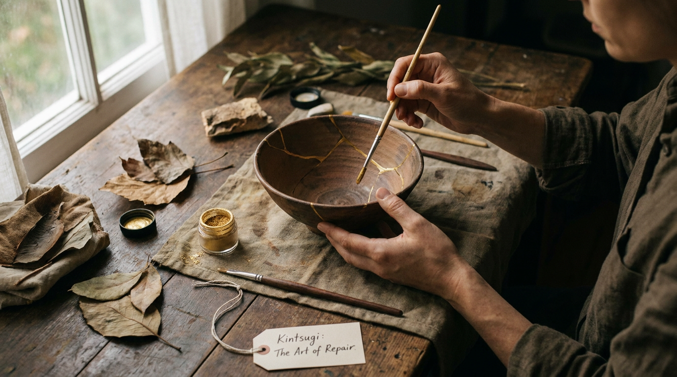 A skilled artisan repairs a broken ceramic bowl using the kintsugi method, illustrating one of the key circular economy examples that adds value through repair.