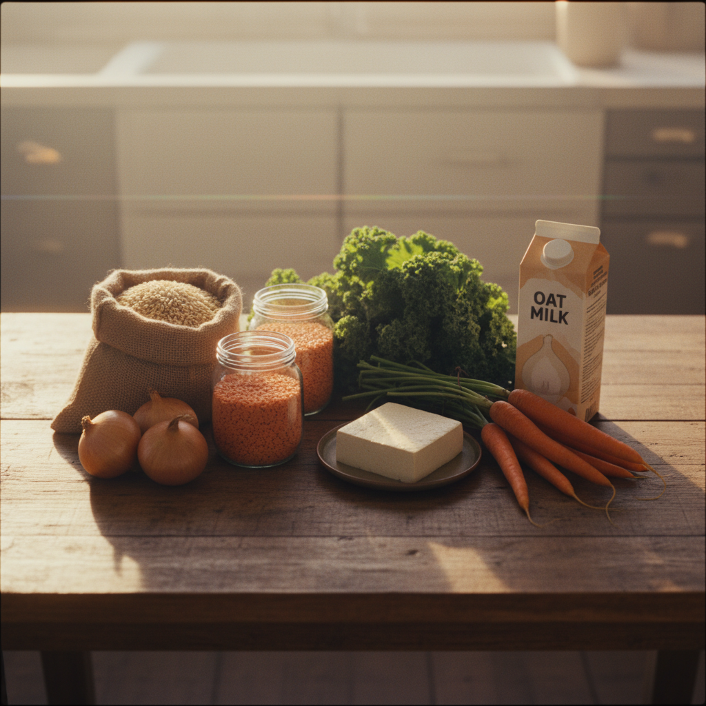 A cheap vegan grocery list spread out on a table, including fresh vegetables, lentils, tofu, and other affordable plant-based staples.
