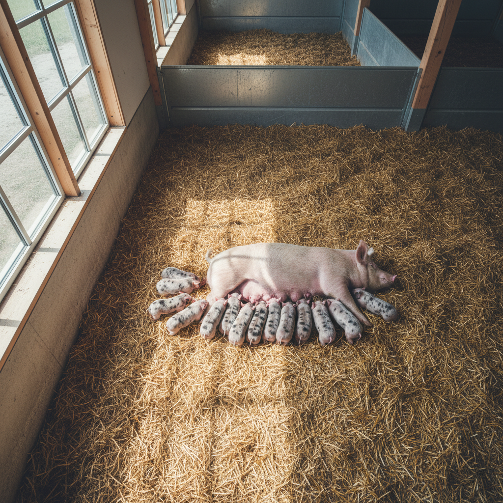 A sow and piglets free from gestation crates in an open, humane environment.