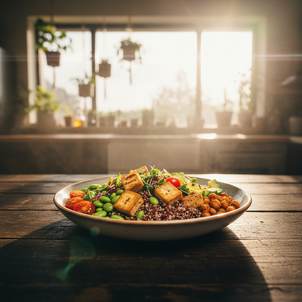 A balanced, high-protein vegan meal on a plate, demonstrating how much protein vegans need to consume daily for optimal health and wellness.