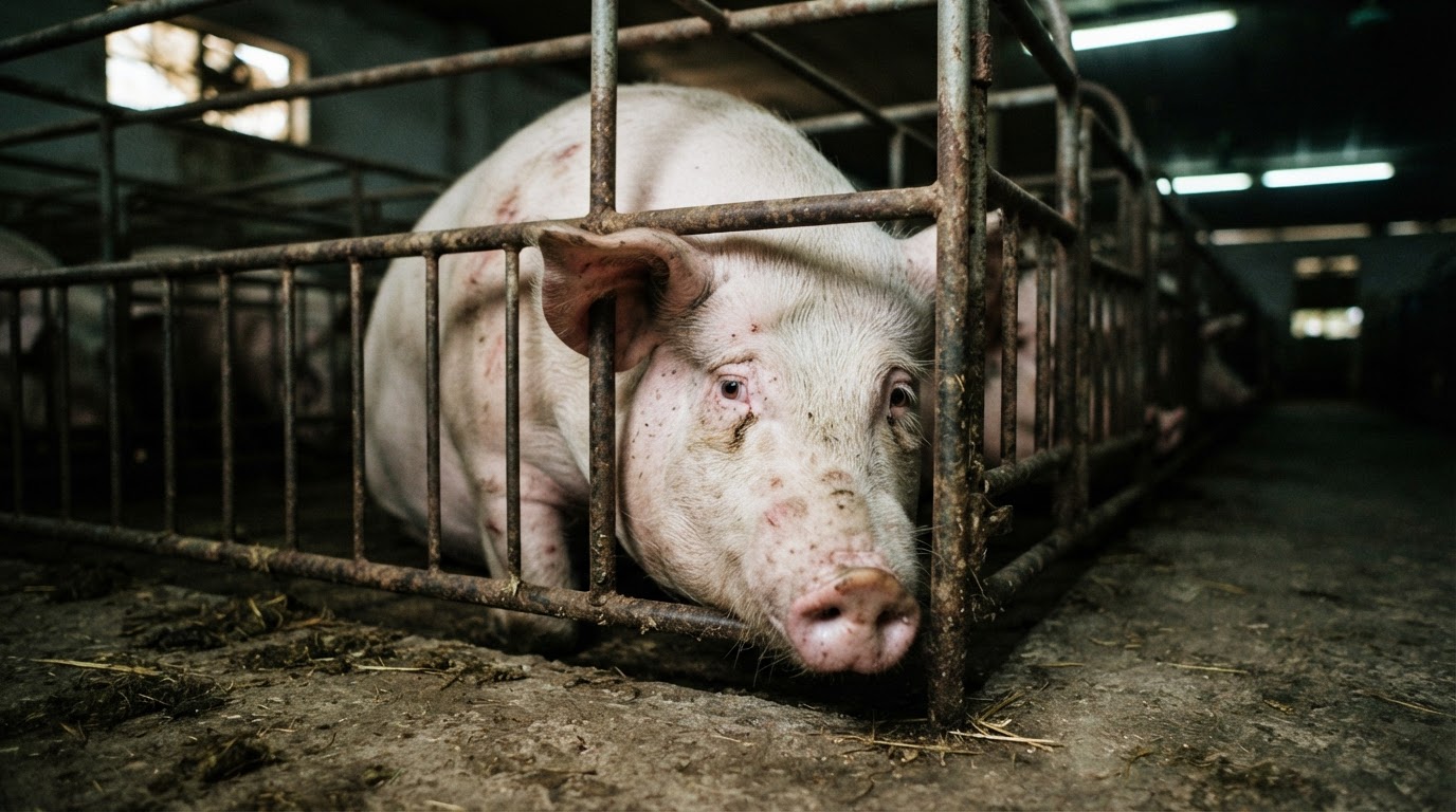 A calf's face through narrow bars, illustrating the confinement of veal crates in industrial agriculture.