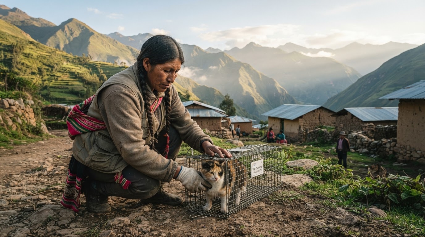 A volunteer engaged in Trap-Neuter-Return for community cats against an Andean mountain backdrop, showcasing dedication.