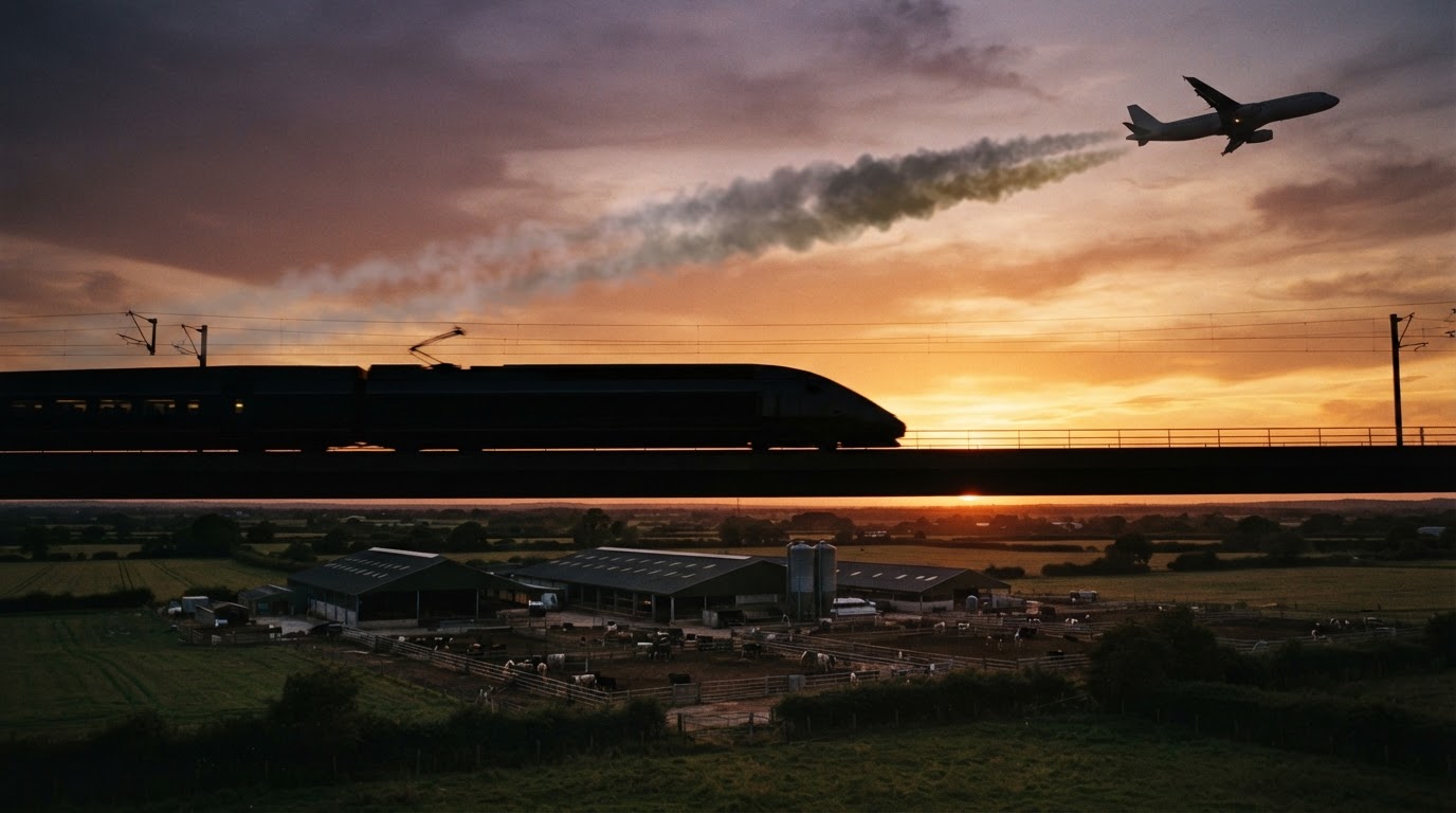 Infographic comparing train vs plane emissions with a factory farm in the distance, highlighting the need for sustainable travel.