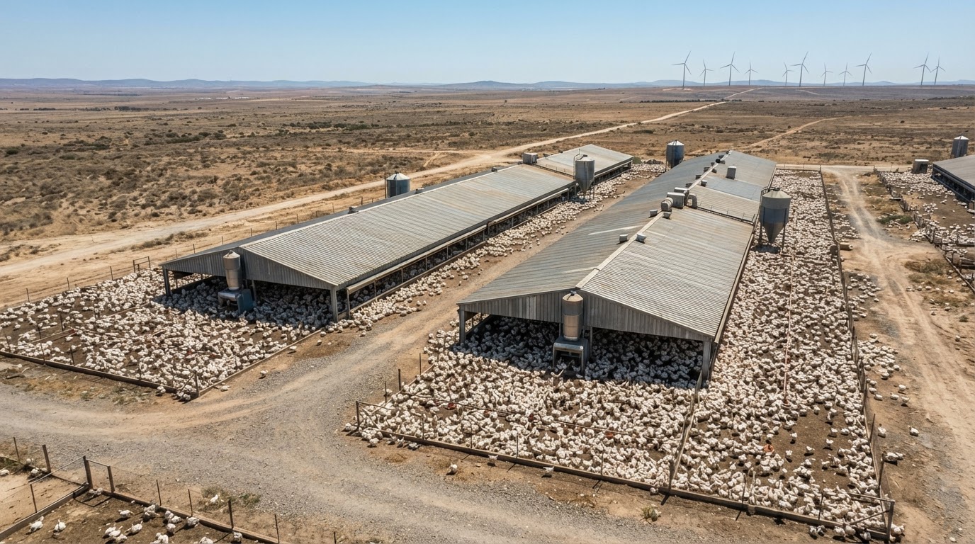 Aerial view of an overcrowded chicken farm illustrating high broiler stocking density in a parched, drought-prone agricultural area.