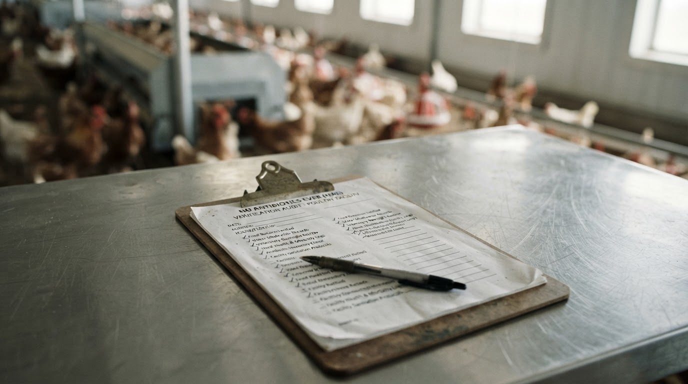 Auditor checking a 'no antibiotics ever' claim form inside a modern barn for transparent antibiotic-free farm practices.