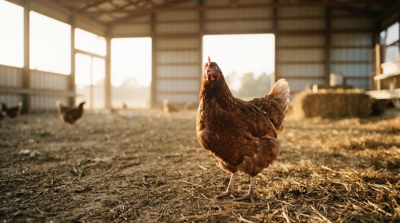 A solitary brown hen stands in an open barn, representing the plight of spent hens and ethical poultry farming.