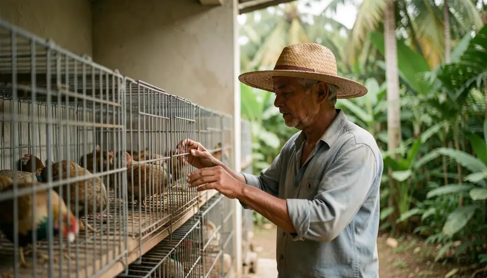 Battery cages with hens, surrounded by religious symbols.