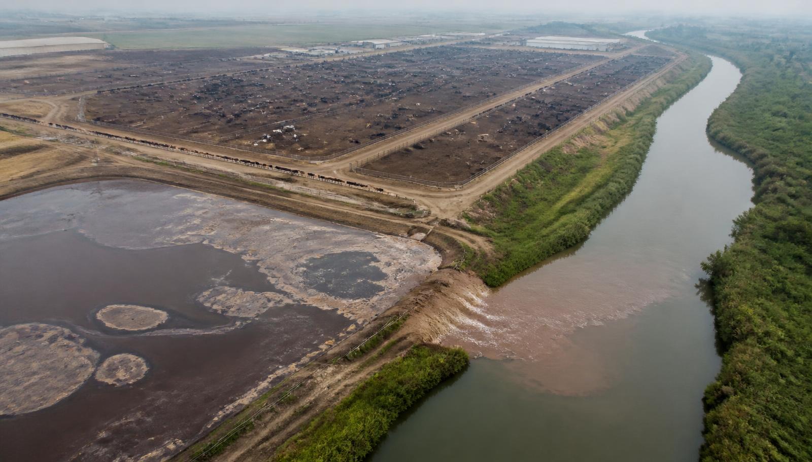 Aerial view of an industrial cattle feedlot beside a manure lagoon, with runoff entering an adjacent river.